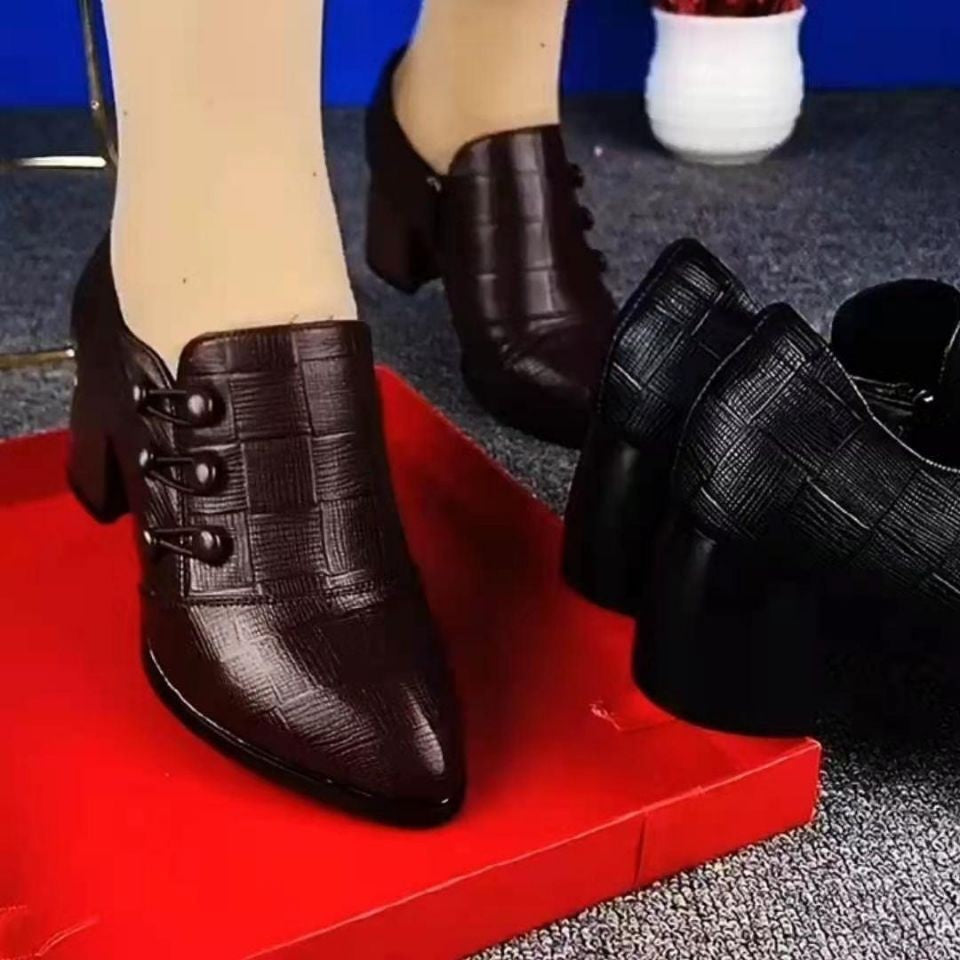 zapatos de cuero con tacón grueso y punta